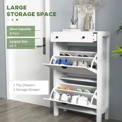HOMCOM Narrow Shoe Cabinet with 2 Flip Drawers and Adjustable Shelves, White - 4
