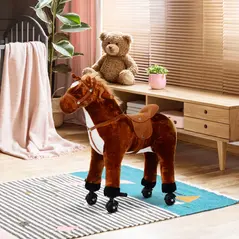 HOMCOM Plush Walking Horse Ride On Toy with Wheels and Realistic Sounds Rocking Horse for Girls Boys 2+ Years Old, 50cm Tall, Brown - 2