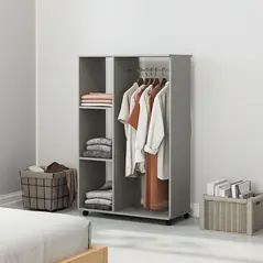 HOMCOM Open Wardrobe on Wheels, Bedroom Wardrobe with Clothes Hanging Rail, 3 Storage Shelves, Mobile Garment Rack for Cloakroom, Hallway, Grey - 2