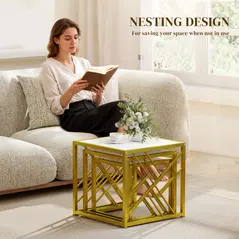 HOMCOM Nesting Coffee Tables, Set of 3 Square Side Tables with Black Metal Frame, for Living Room, Bedroom and Office, White - 5