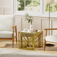 HOMCOM Nesting Coffee Tables, Set of 3 Square Side Tables with Black Metal Frame, for Living Room, Bedroom and Office, White - 9