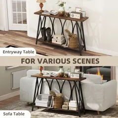 HOMCOM Narrow Console Table, Industrial 2-Tier Sofa Table with Metal Frame for Entryway, Living Room, 120x30x80cm, Rustic Brown - 7