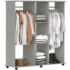 HOMCOM Open Wardrobe Double Mobile Storage Shelves Organizer W/6 Wheels-Grey - 1