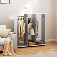 HOMCOM Open Wardrobe Double Mobile Storage Shelves Organizer W/6 Wheels-Grey - 2