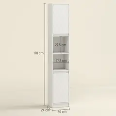 HOMCOM Narrow Bathroom Cabinet, Slim Bathroom Storage Unit with Open Compartment, Freestanding Storage Cupboard with Adjustable Shelves for Small Spaces, 30 x 24 x 170 cm, White - 3