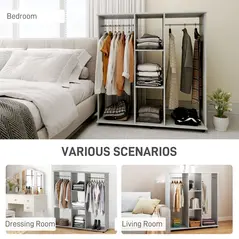 HOMCOM Open Wardrobe Double Mobile Storage Shelves Organizer W/6 Wheels-Grey - 5