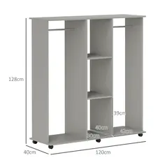 HOMCOM Open Wardrobe Double Mobile Storage Shelves Organizer W/6 Wheels-Grey - 3