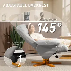 HOMCOM PU Leather Swivel Recliner Chair with Footstool, Wooden Base and Storage for Living Room, Light Grey - 4