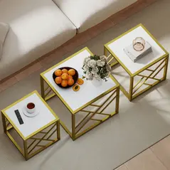 HOMCOM Nesting Coffee Tables, Set of 3 Square Side Tables with Black Metal Frame, for Living Room, Bedroom and Office, White - 7