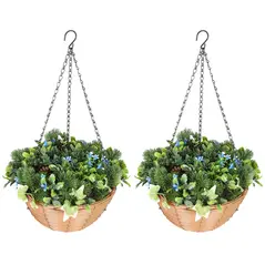HOMCOM Pack of 2 Faux Plant Artificial Lisianthus Flowers, Hanging Planters with Basket, PE Leaves, 18 Flowers and 3 Pinecones, Decorative Faux Plants for Home Office Decor, Green - 1