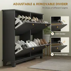 HOMCOM Narrow Shoe Storage Cabinet, Slim Shoe Cabinet with 4 Flip Drawers, Adjustable Shelves for 16 Pairs of Shoes, Black - 5