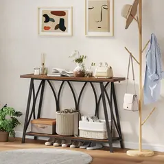 HOMCOM Narrow Console Table, Industrial 2-Tier Sofa Table with Metal Frame for Entryway, Living Room, 120x30x80cm, Rustic Brown - 8