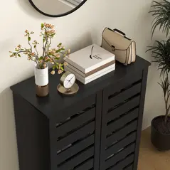 HOMCOM Narrow Shoe Cabinet for Entryway, 5-Tier Slim Shoe Storage Cabinet with 2 Slatted Doors and Adjustable Shelves - 8