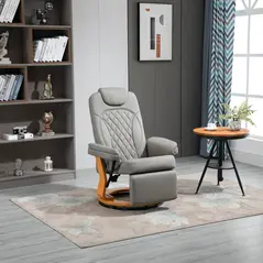 HOMCOM PU Recliner Chair with Footrest, Headrest, Round Wooden Base, Lounge Reading Armchair for Living Room, Bedroom and Office, Grey - 2