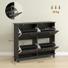 HOMCOM Narrow Shoe Storage Cabinet, Slim Shoe Cabinet with 4 Flip Drawers, Adjustable Shelves for 16 Pairs of Shoes, Black - 3