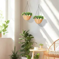 HOMCOM Pack of 2 Faux Plant Artificial Lisianthus Flowers, Hanging Planters with Basket, PE Leaves, 18 Flowers and 3 Pinecones, Decorative Faux Plants for Home Office Decor, Green - 2