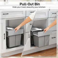 HOMCOM Pull Out Bin, Under Sink Bin - 2 Removable Compartments (15L Each) for 400mm Cabinets, Light Grey - 4