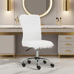 HOMCOM Plush Office Desk Chair, Modern Armless Swivel Vanity Chair with Adjustable Height for Home Office, Bedroom, Living Room, White - 2