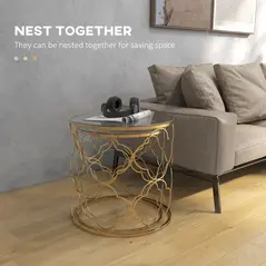 HOMCOM Nesting Tables Set of 2, Modern Stacking Side End Table with Tempered Glass Top, Metal Frame for Living Room Bedroom Office, Gold Tone - 4