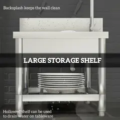 HOMCOM Outdoor Utility Sink, Stainless Steel Free Standing Single Bowl Kitchen Sink with Cold and Hot Water Pipe and Storage Shelf for Laundry Garage, 55 x 50 x 100 cm - 5