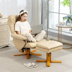 HOMCOM PU Leather Swivel Recliner Chair with Footstool, Wooden Base and Storage for Living Room, Beige - 9