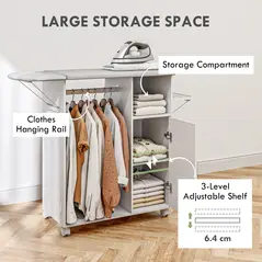 HOMCOM Rolling Ironing Board Cabinet, Foldable Ironing Station with Storage, Wheels for Home, Laundry Room, White - 6