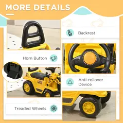 HOMCOM Ride On Tractor, 3 in 1 Ride On Excavator Toy, Toddler Digger Bulldozer with Storage, Pretend Play Construction Truck, NO POWER for 18-48 Months, Yellow - 7
