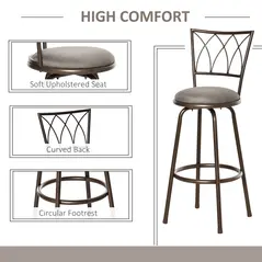 HOMCOM Set of 2 Bar Chairs Swivel Armless Upholstered Metal Frame Barstools with Backrest & Footrest, Bronze - 5