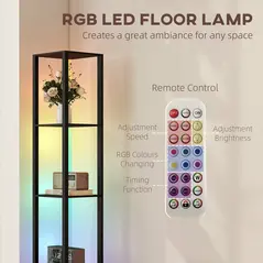 HOMCOM RGB LED Floor Lamp with Shelves, Modern Dimmable Standing Lamp with Remote Control, Adjustable Brightness & Speed for Living Room, Bedroom, Office, Black - 5