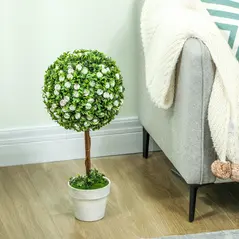 HOMCOM Set of 2 Decorative Artificial Plants, Ball Topiary Tree with Rose Flower in Pot, Fake Plants for Home Indoor Outdoor Decor, 60cm, White - 7