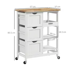 HOMCOM Rolling Kitchen Island Cart, Bar Serving Cart, Compact Trolley on Wheels with Wood Top, Shelves & Drawers for Home Dining Area, White - 3