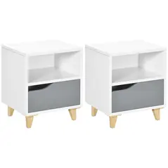 HOMCOM Set of 2 Modern Bedside Tables with Shelves, Drawers and Wood Legs, 36.8cm x 33cm x 43.8cm, White and Grey - 1