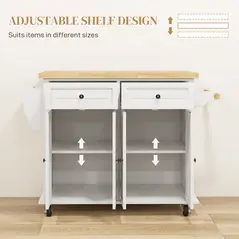 HOMCOM Rolling Kitchen Island Storage Trolley with Rubber Wood Top & Drawers for Dining Room, Cream White - 5