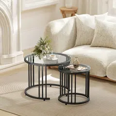 HOMCOM Round Coffee Tables Set of 2, Nesting Tables with Tempered Glass Top and Steel Frame, Black - 2