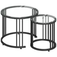 HOMCOM Round Coffee Tables Set of 2, Nesting Tables with Tempered Glass Top and Steel Frame, Black - 1