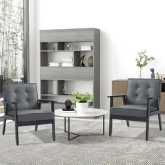 HOMCOM Set of 2 Accent Chair, PU Leather Armchair, Occasional Chair with Beech Wood Frame for Living Room Reception Bedroom Balcon, Grey - 2