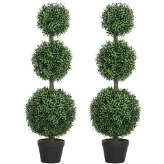 HOMCOM Set of 2 Decorative Artificial Trees, Topiary Ball-shaped Boxwood Trees in Pot, Fake Plants for Home Indoor outdoor Decor, 100cm, 3 Tree Balls - 1