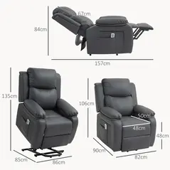 HOMCOM Riser and Recliner Chair with Massage, Power Lift Recliner Chair for Elderly with Remote Control, Extended Footrest, Dual Side Pockets, Overstuffed Electric Reclining Armchair, Dark Grey - 3