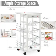 HOMCOM Rolling Kitchen Cart, Utility Storage Cart with 4 Basket Drawers & Side Racks, Wheels for Dining Room, White - 4
