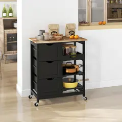 HOMCOM Rolling Kitchen Island Cart, Bar Serving Cart, Compact Trolley on Wheels with Wood Top, Shelves & Drawers for Home Dining Area, Black - 2