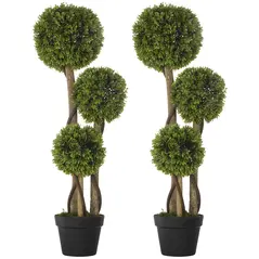 HOMCOM Set of 2 Decorative Artificial Tree Boxwood Ball Topiary Tree in Pot, Fake Plant for Home Indoor Outdoor Decor, 90 cm, Light Green - 1