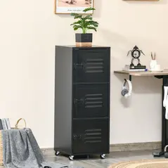 HOMCOM Rolling Storage Cabinet 3-Tier Mobile File Cabinet with Wheels & Metal Doors for Home Office, Living Room, Black - 2