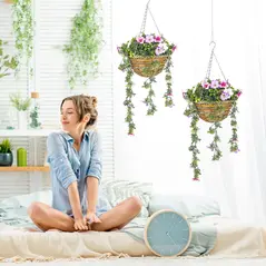 HOMCOM Set of 2 Artificial Silk Azalea Flowers, Hanging Planters with Basket, Faux Plants for Home Indoor Outdoor Decor, Pink and White - 2