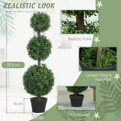 HOMCOM Set of 2 Decorative Artificial Trees, Topiary Ball-shaped Boxwood Trees in Pot, Fake Plants for Home Indoor outdoor Decor, 100cm, 3 Tree Balls - 4