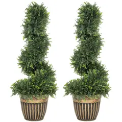 HOMCOM Set of 2 Artificial Plants, Topiary Spiral Boxwood Cypress Trees with Pot, for Home Indoor Outdoor Decor, 90cm - 1