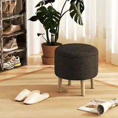 HOMCOM Round Ottoman Stool with Storage, Linen Fabric Upholstered Foot Stool with Padded Seat, Hidden Space and Wood Legs - 2