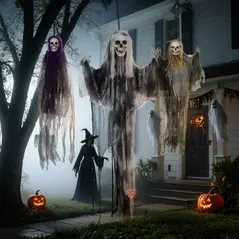 HOMCOM Set of 3 Hanging Skeleton Halloween Decorations, Scary Flying Ghost for Garden, Party, 90/110/170cm - 9