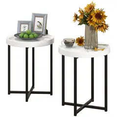 HOMCOM Set of 2 Round Side Table with Metal Legs, Modern End Table Bedside Table for Living Room, Bedroom, White - 1