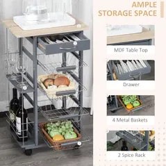 HOMCOM Rolling Kitchen Cart, Utility Storage Cart with 4 Basket Drawers & Side Racks, Wheels for Dining Room, Grey - 4