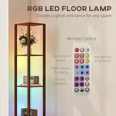 HOMCOM RGB LED Floor Lamp with Shelves, Modern Dimmable Standing Lamp with Remote Control, Adjustable Brightness & Speed for Living Room, Bedroom, Office, Brown - 5